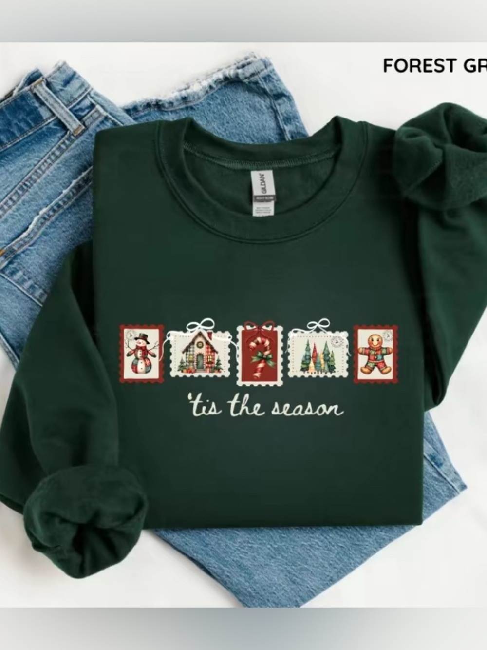 Retro Winter Stamp 'Tis the Season” Forest Green Sweatshirt Coquette Christmas